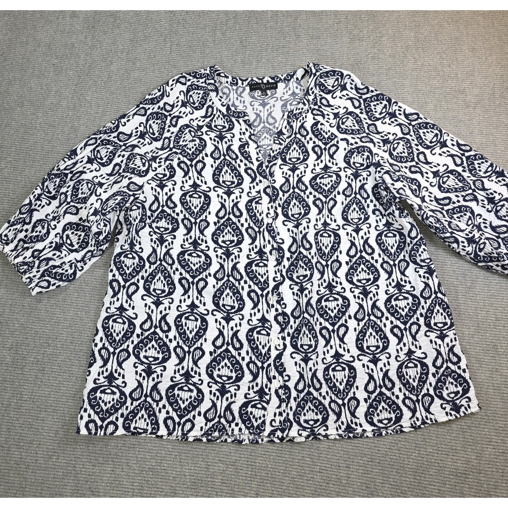 Fred David Women Plus 2X Blouse Black White Paisley Ikat 3/4 Sleeve Peasant Top
